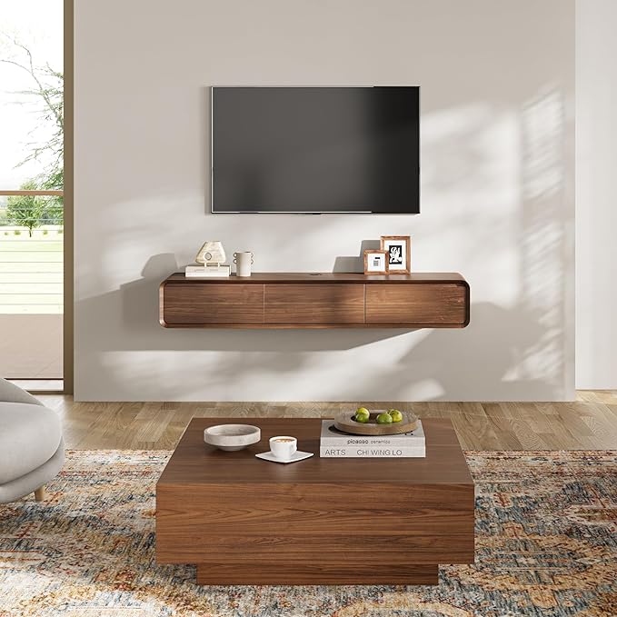 POVISON Fully Assembled Floating TV Stand, 63" Modern TV Stand with Flip-Down Cabinet Doors, Walnut TV Stand, Solid Wood Floating Entertainment Center, Minimalist TV Console