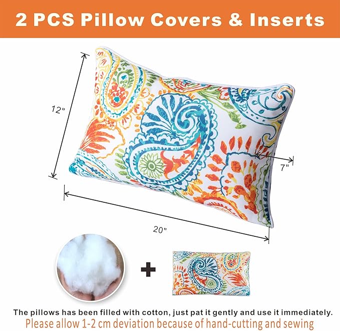 Outdoor Lumbar Pillows Waterproof Set of 2 Decorative Pillows with Inserts 12×20 Inch Outdoor Pillow for Patio Furniture (Paisley Print)
