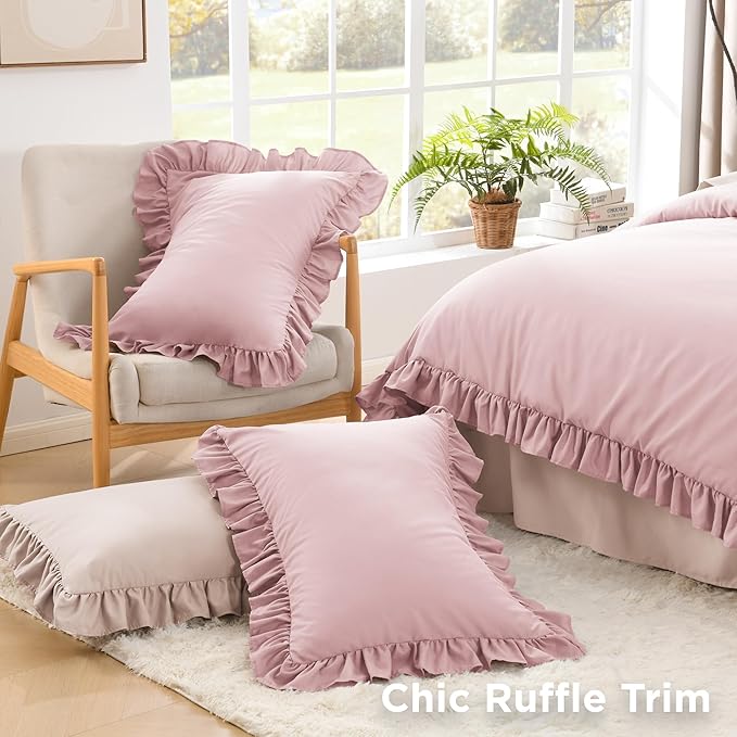 Litanika Grayish Pink Queen Comforter Set, 3 Pieces Ruffle Farmhouse Aesthetic Bedding Comforter Set, All Season Soft Lightweight Fluffy Microfiber Bed Set(90x90In Comforter, 2 Pillowcases)