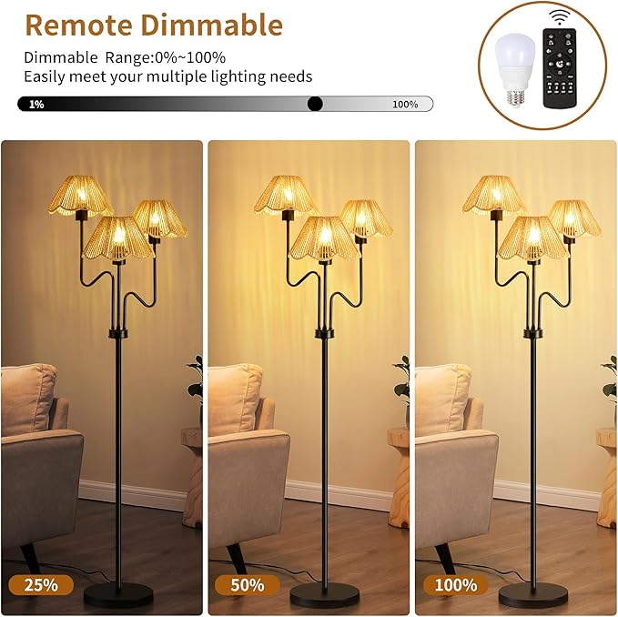 Rattan Floor Lamp for Living Room Bedroom,3-Light Floor Lamp with Remote Control,Boho Flower Lamp Black Tree Standing Lamp with 3 Color Temperature Tall Floor Lamps for Bedroom Corner