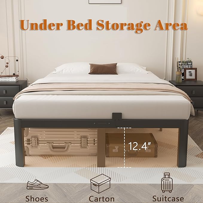 14 Inch Full Size Bed Frame, Metal Bed Frame Full with Gaskets, No Box Spring Needed, Heavy Duty Steel Platform Supprt, Rounded Corner Legs, Reserved Holes, Noise Free, Storage Space, Black