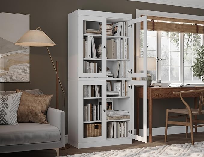Palace Imports Solid Wood Bookcase - 6-Tier Tall Bookshelf, 71.5” H x 32” W - White, Clear Glass Cabinet Doors & Adjustable Shelves for Living Room, 100% Renewable Eco-Friendly Wood, Made in Brazil