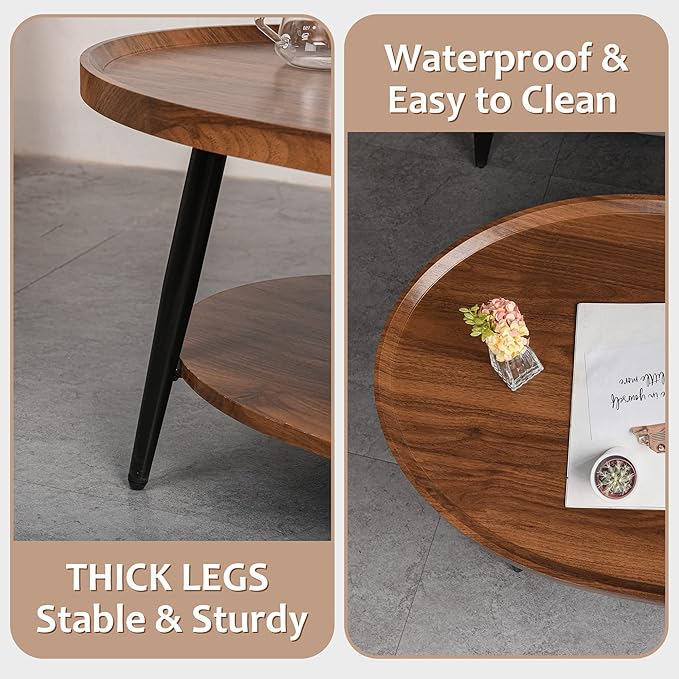 2-Tier Water-Shaped Wood Center Table Mid Century Oval Coffee Table Rustic Farmhouse for Living Room, Bedroom, 40", Brown