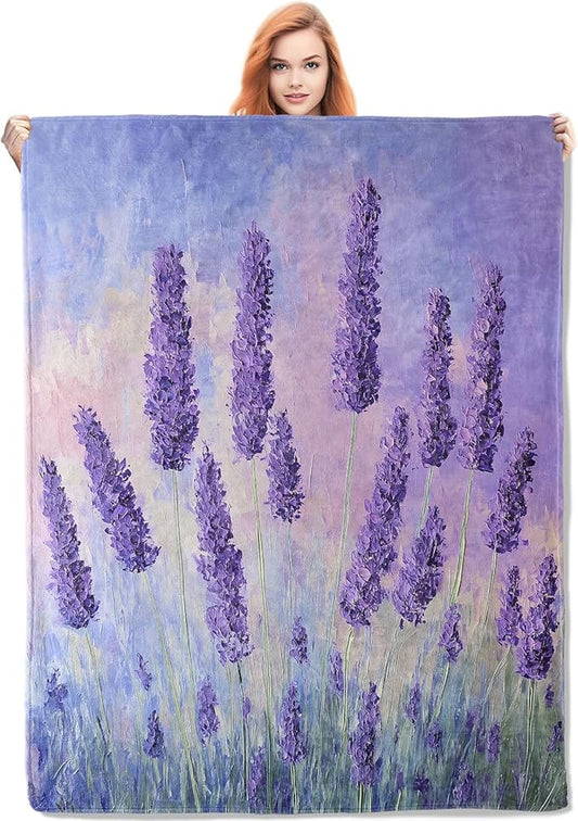 Lavender Fields Flannel Blanket, Floral Gifts, Lavender-Themed Blanket for Women, Soft Lightweight Throw Blankets for Bed Home Travel Decor 40" x 50"