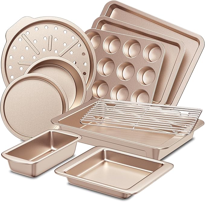 HONGBAKE Bakeware Sets, Baking Pans Set, Nonstick Oven Pan for Kitchen with Wider Grips, 10-Piece Including Rack, Cookie Sheet, Cake Pans, Loaf Pan, Muffin Pan, Pizza Pan - Champagne Gold