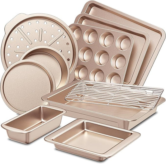 HONGBAKE Bakeware Sets, Baking Pans Set, Nonstick Oven Pan for Kitchen with Wider Grips, 10-Piece Including Rack, Cookie Sheet, Cake Pans, Loaf Pan, Muffin Pan, Pizza Pan - Champagne Gold