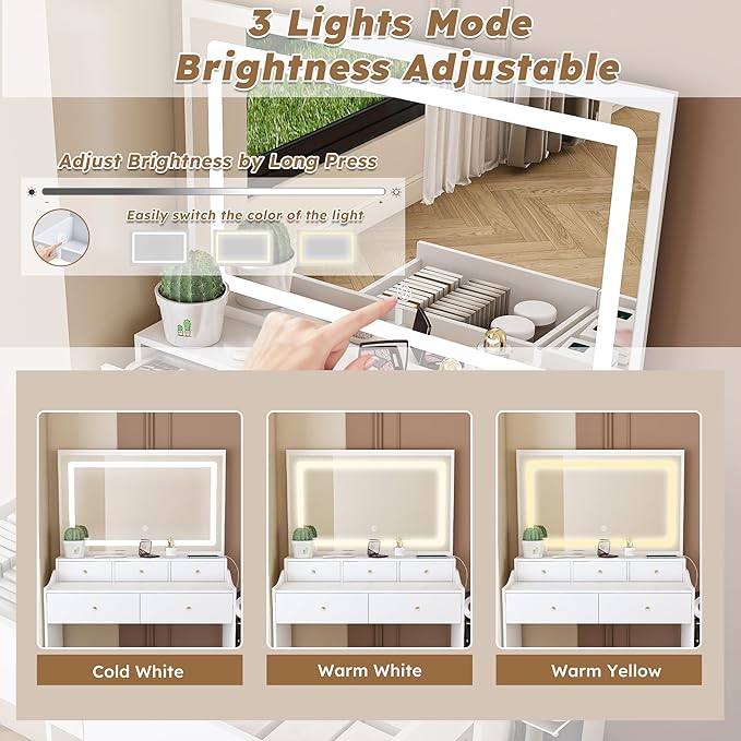 White Vanity Desk with Large Full Size Led Lighted Mirror, 31" Makeup Vanity Table with 5 Storage Drawers, Power Outlet & Hair Dryer Holder, Modern Small Dressing Table for Small Space,Dorm, Bedroom