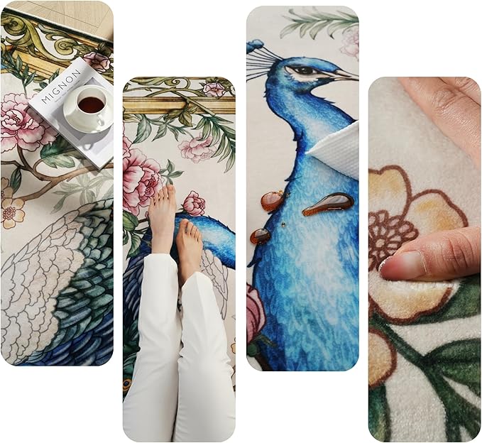Runner Rug for Kitchen 2'6"x8' Washable Rugs with Rubber Backing Soft Floral Peacock Floral Animal Carpet Runner for Kitchen, Laundry, Bedroom, Bathroom (Beige)