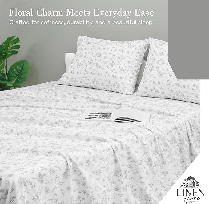 Linen Home 100% Cotton Printed Percale Sheets Queen Size, Deep Pocket, 4 Pieces Set - 1 Flat, 1 Deep Pocket Fitted Sheet and 2 Pillowcases, Crisp Cool and Strong Bed Linen, Grey Botanical Floral
