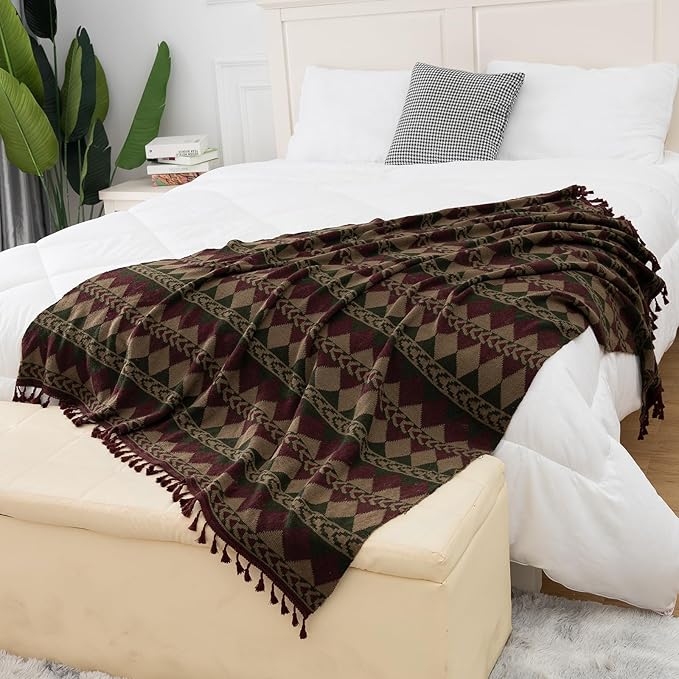 Gealaek Boho Throw Blanket Lightweight Soft Cozy Decorative Blankets for Sofa Bed Farmhouse Throw Blanket Aztec Blanket with Tassel Khaki Olive Wine Checkered 50" x 60"