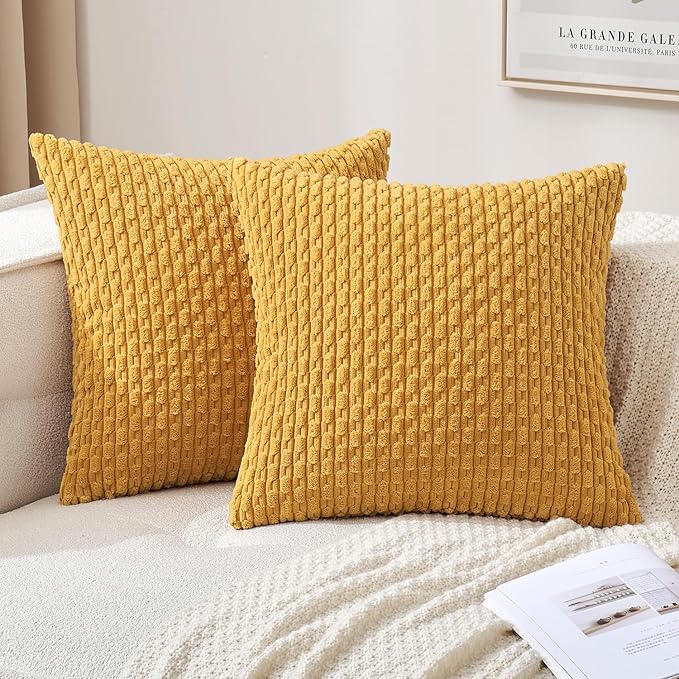 MIULEE Throw Pillow Covers Soft Corduroy Decorative Set of 2 Boho Summer Striped Pillow Covers Pillowcases Farmhouse Home Decor for Couch Bed Sofa Living Room 20x20 Inch Yellow