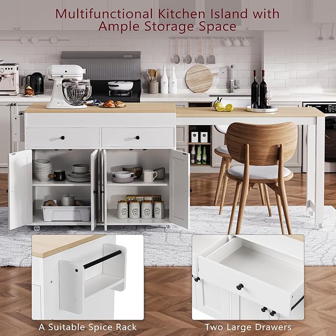 74.5" Rolling Kitchen Island on Wheels with Extendable Dining Table, Storage Cart with 2 Drawers, 4 Door Cabinet, Spice Rack for Kitchen, Dining Room, White