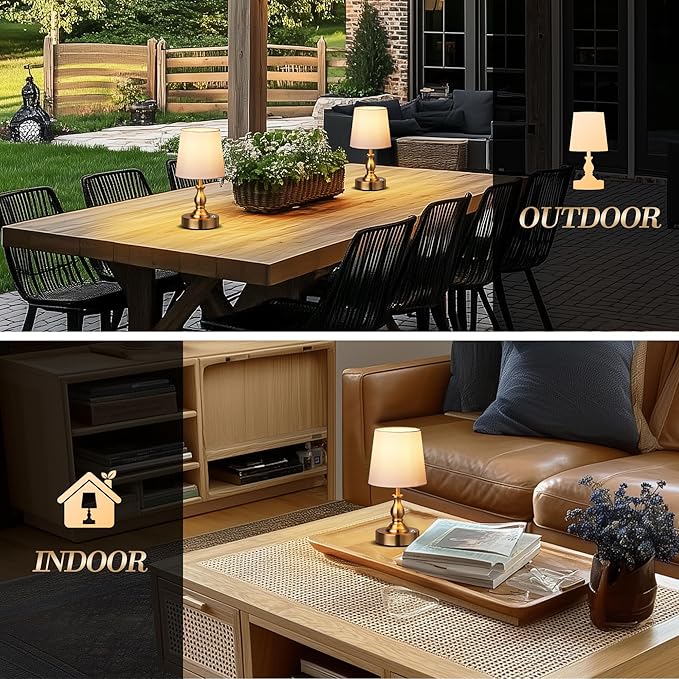 PARTPHONER Mini Cordless LED Table Lamp, 5200mAh Rechargeable Battery Operated Lamp, 3-Level Brightness, Touch Dimmable Desk Lamp, Bedside Night Light for Patio Camping Restaurant Home, Antique Brass