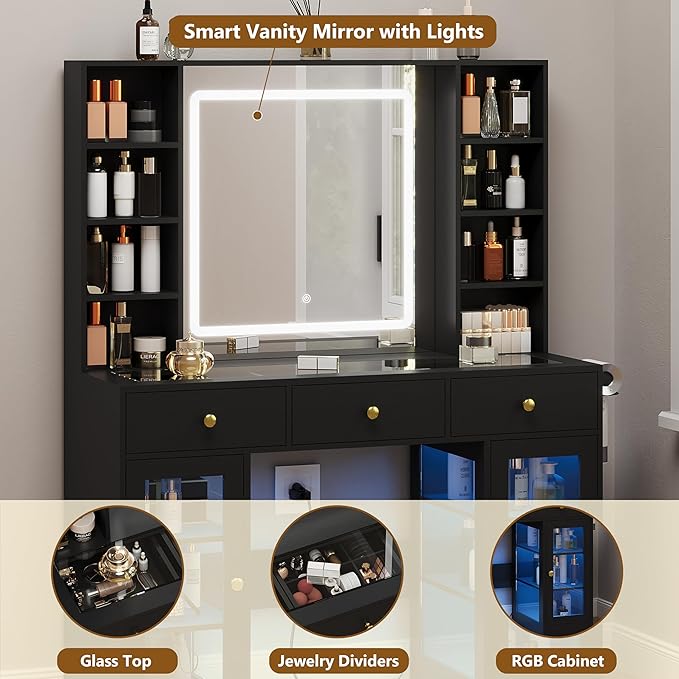 Black Vanity Desk with Mirror and Lights, 43.4" Makeup Vanity Table Set with Lighted Mirror & RGB Glass Cabinet, 3 Drawers, Glass Top Dressing Table with Large Shelves for Girls, 3 Color Modes
