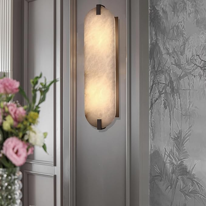 2 Pack 2 Light 20.7" Natural Oval Alabaster Marble Bathroom Wall Sconce Modern Concise Style Wall Light Fixture,Oil Rubbed Bronze Finish for Bedroom Hallway Bedside