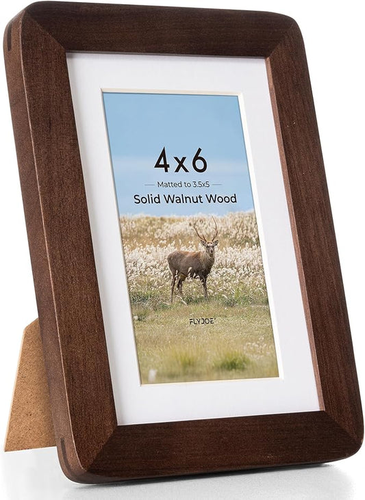 4x6 Picture Frame - Solid Walnut Wood Frame 4x6 with Mat for 3.5x5, 4''x6''Photo Frame,Tabletop and Wall Display, Hanging Hardware Included, 4 By 6 Picture Frame Wood, Natural Walnut