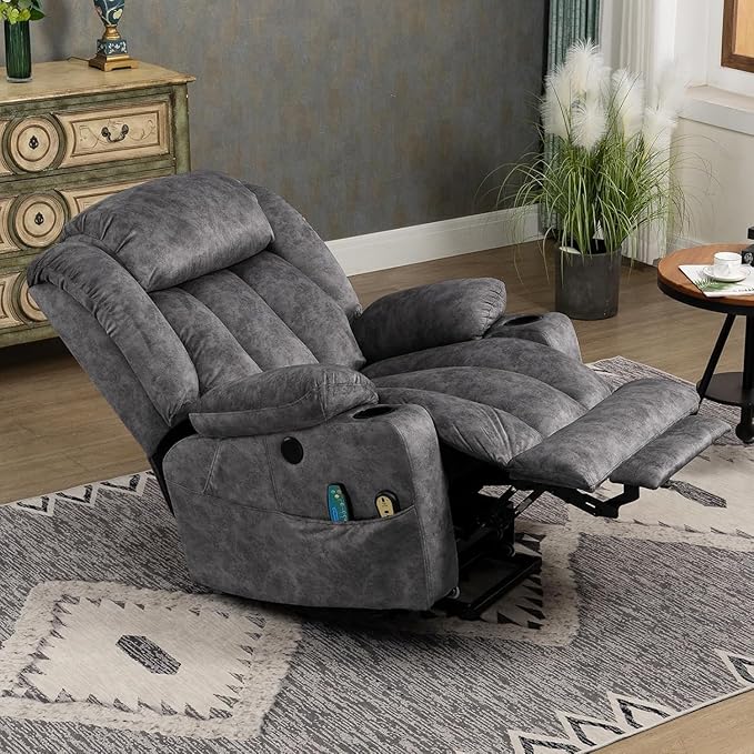 MEETWARM Large Power Lift Electric Recliner Chair with Extended Footrest for Elderly Big Tall Man, Overstuffed Wide Recliner with Massage and Heat, 2 Remote Controls/USB Ports/4 Side Pockets(Grey)