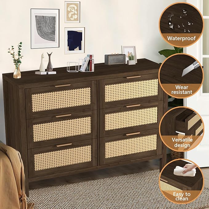 Wood 6 Dresser for Bedroom, Wide Rattan Drawer with Gold Handle for Bed Room, Hallway, Brown Oak