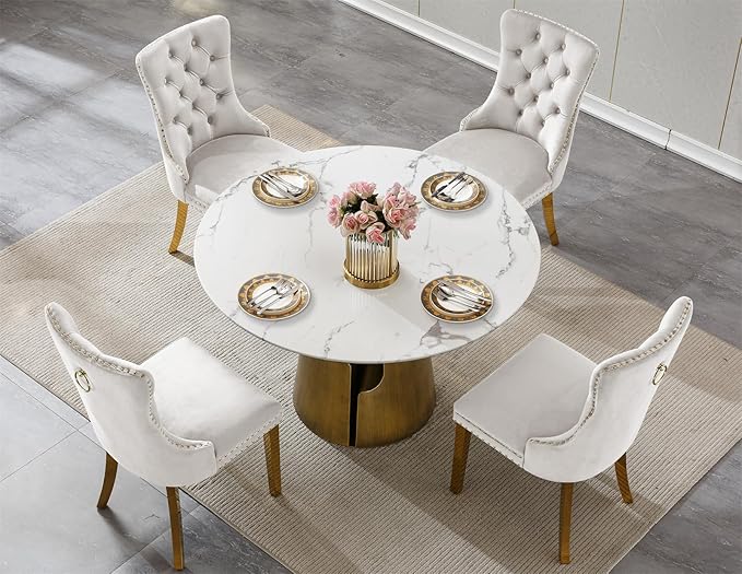5-Piece Faux Marble Round Dining Table Set for 4, Modern Luxury Kitchen Table Set for 4 with Beige Tufted Chairs,Circle Dining Tables with White Marble Grain Top and Bronze Pedestal Base