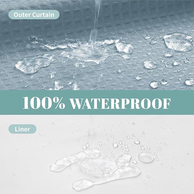 Teal Long No Hook Waffle Weave Shower Curtain with snap-in Liner Replacement, 230GSM Waterproof Fabric Hotel Shower Curtain Set for Bathroom, Through Mesh Top Window,71Wx80H