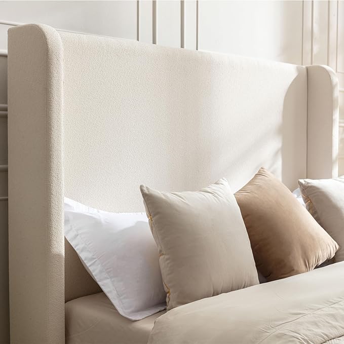 54" Tall Headboard Bed Frame with Boucle Upholstery, High Wingback Platform Bed, Sturdy Metal Foundation and Solid Wood Feet (Ivory, Queen (U.S. Standard))