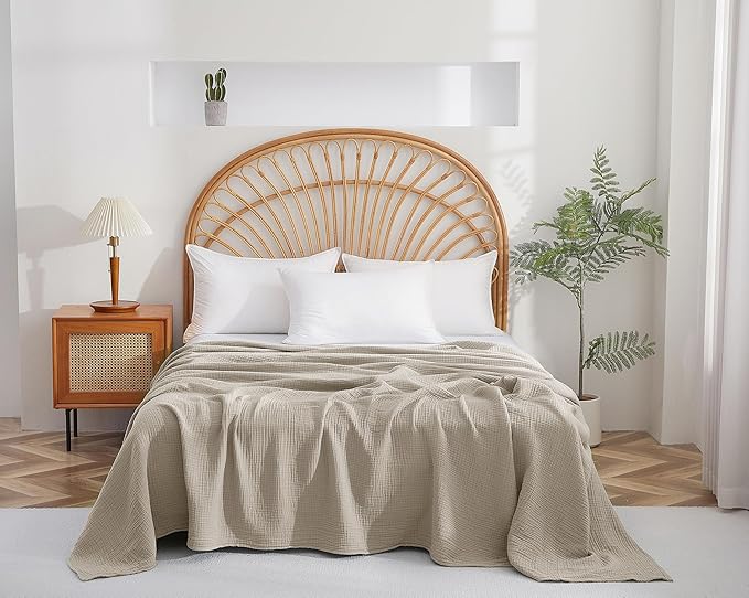 100% Cotton Muslin King Blanket (108" x 90") – A Luxuriously Soft, 4-Layer Lightweight and Breathable Gauze Blanket, Perfect for Year-Round use on beds, couches (Khaki, King)