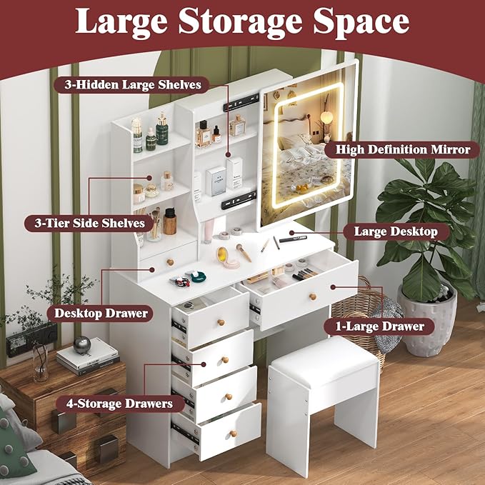 Vanity Desk with Sliding Mirror and LED Lights, Small Makeup Vanity Table Set with Chair and Drawers, White Vanity with Lighted Mirror for Bedroom, Dressing Table for Teen Girls and Women