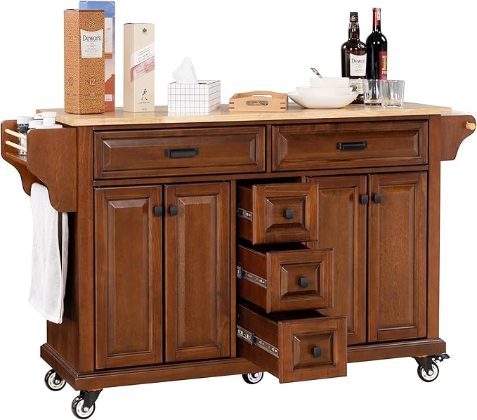Generic 60.5"" Kitchen Island on Wheels, Rolling Island Table for Kitchen with Double Storage Cabinet and 5 Drawers, Portable Kitchen Cart with Rubber Wood Top, Mahogany, Large