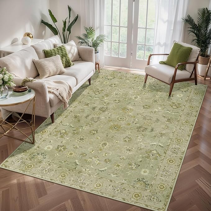 Tangsoo 4x6 Area Rug for Living Room, Washable Floral Vintage Rugs Indoor, Distressed Flaxen Green Carpet for Bedroom, Non Slip Dining Room, Soft Low Pile Rugs Foldable Floor Rug for Dorm Bedside