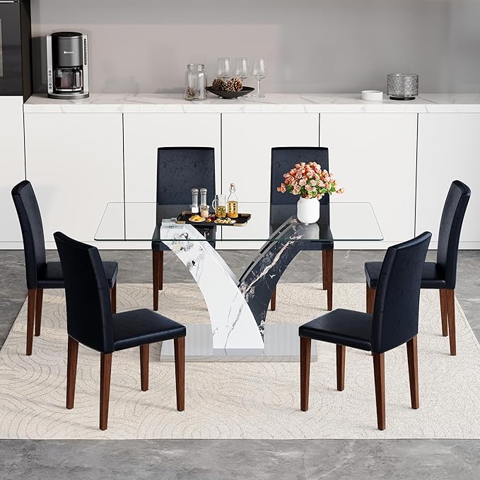 Glass Dining Table Set for 6, 63” Kitchen Table Set for 6, Modern Dining Room Table Set with Upholstered Chairs, Tempered Glass Tabletop with Y Shape Base