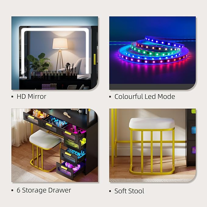 LED Make Up Vanity Desk with 20" Mirror and Light, Smart Dressing Table with 6 Drawers, 3 Shelves, 24 Color Lighting Modes, Cushioned Stool, USB Type-C Storage for Bedroom Dressing Room Black