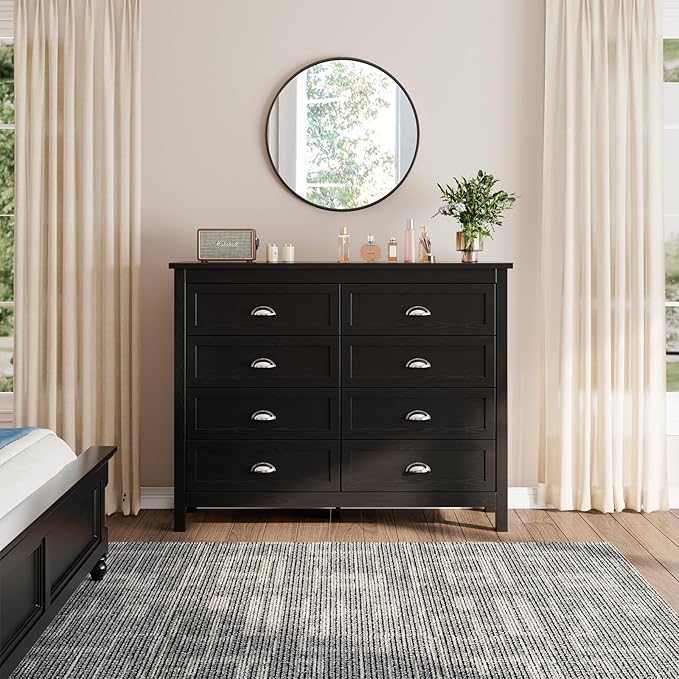 8 Drawer Dresser, Farmhouse Tall Dresser for Bedroom, Antique Black Chest of Drawers, Modern Double Dressers for Bedroom, Closet
