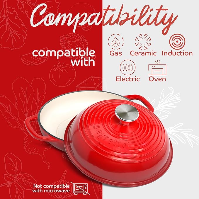 Enameled Cast Iron Bread Pan with Lid, 11” Red Bread Oven Cast Iron Sourdough Baking Pan, Dutch Oven for Bread, No Seasoning Needed -Segretto Cookware