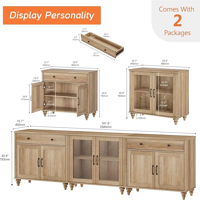 WAMPAT Farmhouse TV Stand for 100 Inch TV, 3-in-1 TV Console Table for 75/80/85/90 Inch TV, Entertainment Center with Glass & Wood Door, Kitchen Sideboard Buffet Cabinet for Dining Room, Oak