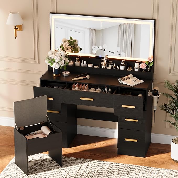 Garvee Vanity Desk with Large Mirror and Lights, 45.9In Makeup Vanity Desk, 3 Lighting Modes Adjustable Brightness, Vanity Table with Power Outlet &8 Drawers, for Powder Room and Bedroom