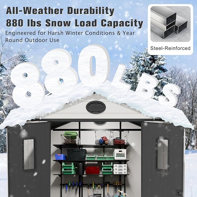 EAGLE PEAK 8x8 Resin Outdoor Storage Shed, Weatherproof Garden Shed with Floor & Lockable Doors, Tool & Equipment Storage for Backyard or Patio, White/Gray