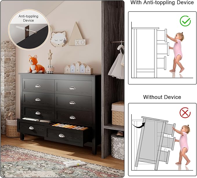 Wananlanen® Farmhouse Dresser for Bedroom, Antique Double Dresser & Chest of Drawer with Vintage Handle and Storage, Wooden Tall Rustic Organizer for Bedroom