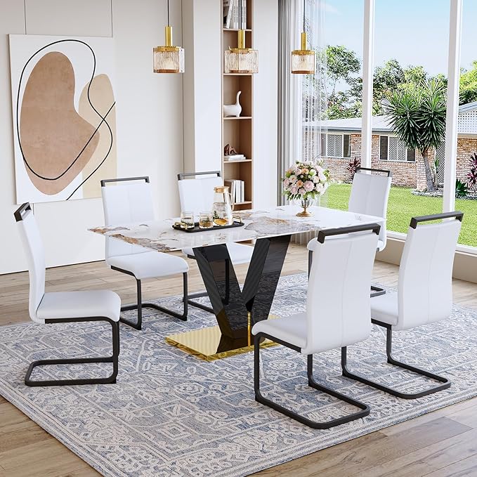 71'' Dining Table Set for 6,Modern Dining Room Table Set for 6,Marble Dining Table with 6 PU Leather Dining Chairs,Gold Dining Room Table with Glossy V-Shaped Base Ideal for Kitchen