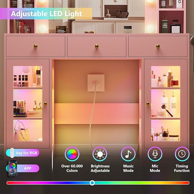 Pink Vanity Desk with Mirror and Lights, Glass Top Vanity with Lighted Mirror & RGB Glass Cabinet and 3 Drawers, Makeup Vanity Desk with Lights Dressing Table for Bedroom, 3 Color Modes