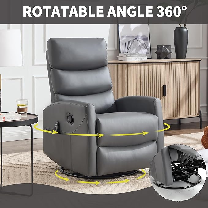 PELUMY Massage Recliner Chair with Heat - Manual Rocker Swivel Recliner, 360° Rotation & 155° Recline for Living Room（Breathable Leather, Grey）