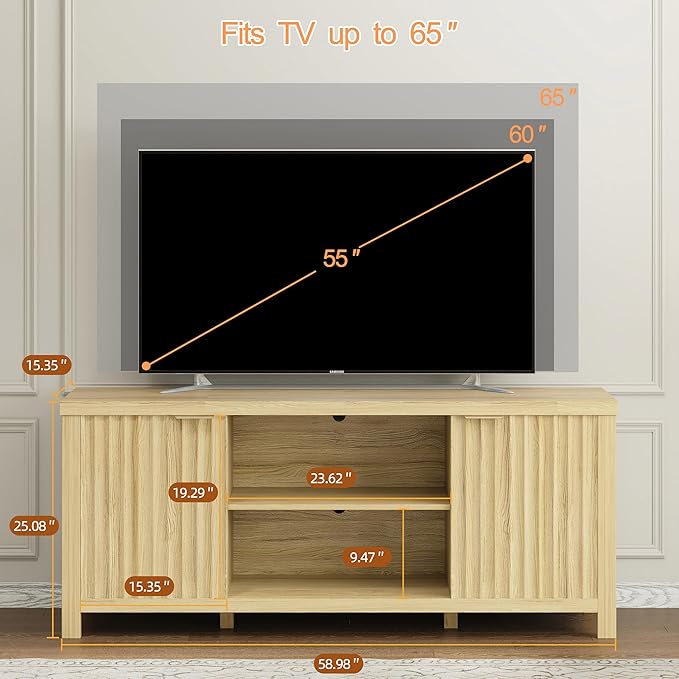 TV Stand for 65 inch TV, Modern Mid Century Entertainment Center with Storage, Media Consol with Fluted Door Cabinets and Open Shelves, Wooden, for Living Room, Bedroom, Office Furniture,MLTV21Y