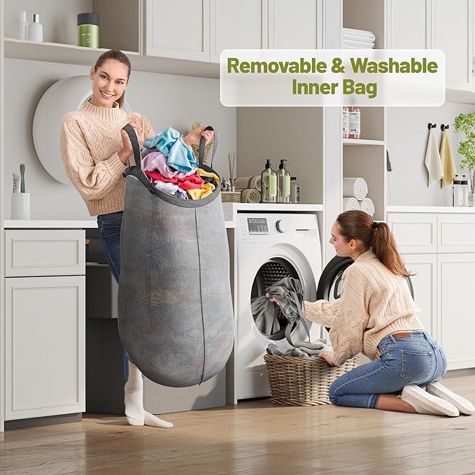 175L Laundry Hamper with Lid 3 Section, Extra Large Laundry Basket with 3 Removable Bags, 46 GAL Laundry Basket Organizer for Bedroom, Laundry Room, Dorm, Grey