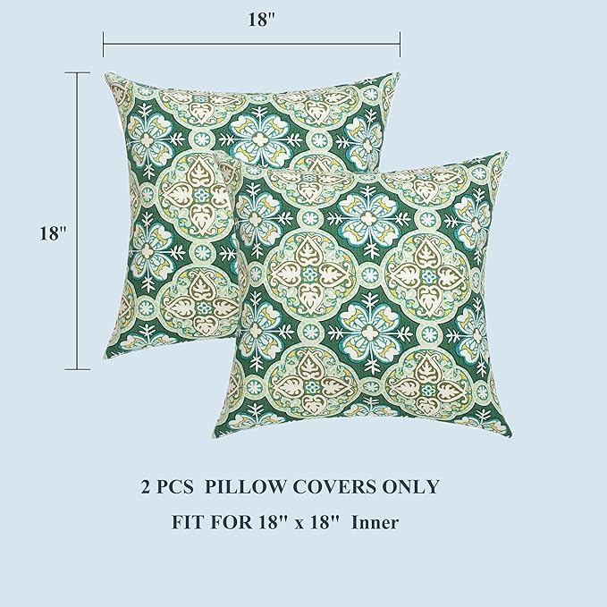 FUNHOME Outdoor Pillow Covers ONLY, No Insert! Pack of 2 Square Throw Pillow Covers, Decorative Water-Repellent Modern Cushion Cases for Sofa Patio Couch Decoration 18 x 18 Inch-Green Medal