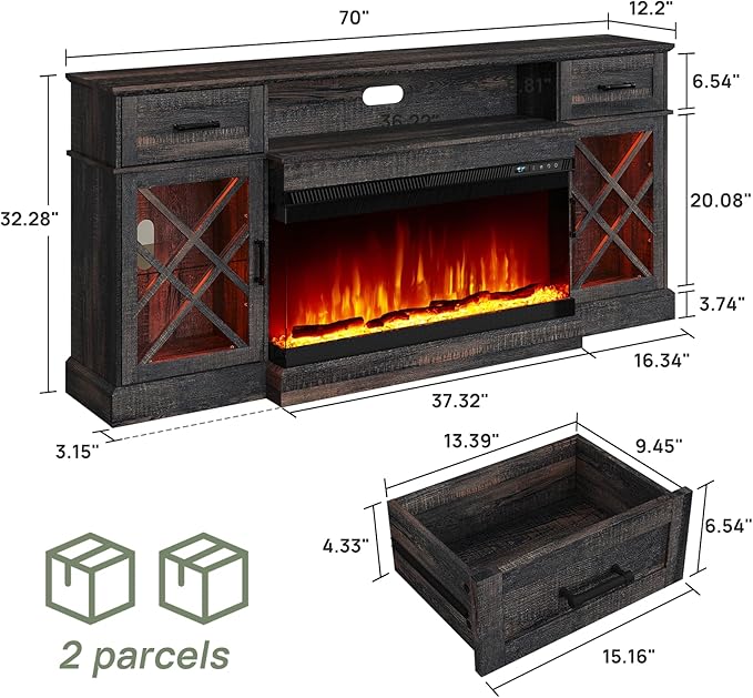 3-Sided Farmhouse LED Fireplace TV Stand, 70" Large Entertainment Center Glass Doors for TVs up to 80", Modern Wood Grain High-Gloss TV Storage Cabinet for Living Room, Black