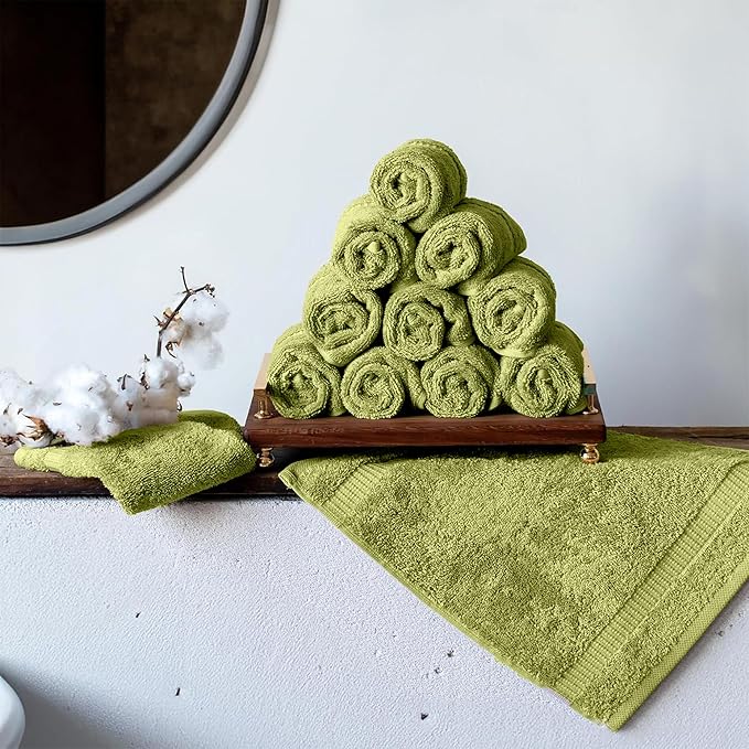SALBAKOS 100% Turkish Cotton Washcloth Set of 12 13x13 inch | Heirloom Quality | Hotel & Spa Collection | Ultra Soft, Super Absorbent, Washcloth Towels | Made in Turkey (Green, 12 Washcloths)
