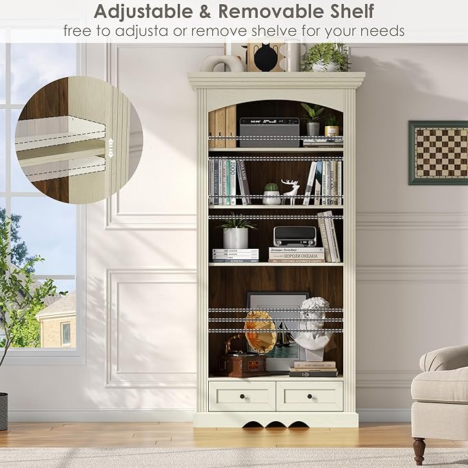 71’’ Tall Arched Bookcase with Stroage, Farmhouse 5-Tier Arch Bookshelf with Drawers, Freestanding Book Shelf with Adjustable Shelf and Roman Column Pattern for Home Office (1, White)