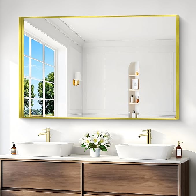 Gold Bathroom Mirror, 36x55 Inch Rectangular Deep Frame Mirror, Large Wall Mounted Bathroom Vanity Mirror Over Sink for Bedroom,Restroom, Living Room, Hangs Vertically or Horizontally