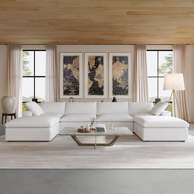 JACH U-Shaped Cloud Couches for Living Room, 6-Seats Modular Convertible Sectional Sofas, Cushion Covers Removable, Comfy Sectional Couch with Chaise Ottomans for Living Room Apartment (White)