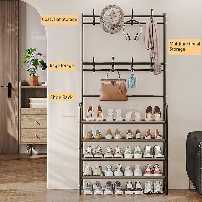 4 Tier Coat and Shoe Rack Entryway Coat Rack with 8 Hooks Shoes Organizer for Living Room Bedroom Office Brown
