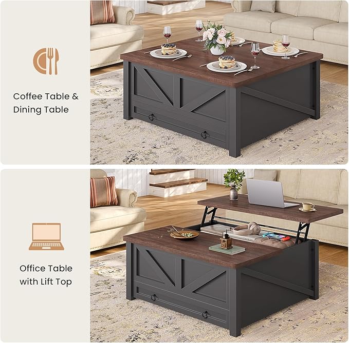 Itaar Wooden Coffee Table, Lift Top Coffee Table with Storage, Square Coffee Tables with Drawers and Hidden Compartment, Center Table for Living Room, Home Office, Black